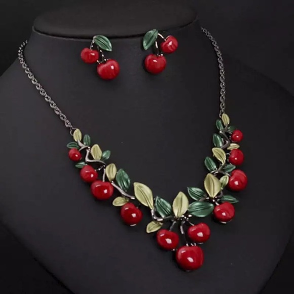 Enamel Cherries and Leaves Necklace Set - Picture 11 of 13